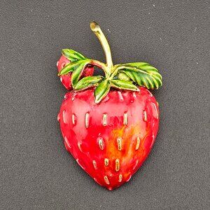 Vintage 2" Red Enamel Strawberry Brooch pin Gold Plated